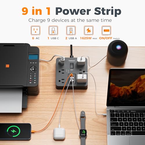 TESSAN 10Ft Black Extension Cord with Multiple Outlets Surge Protector Power Strip with 6 Outlets and 3 USB Ports 1 USB C 1700 Joules Protection Flat Plug Outlet Extender for Home Office Dorm - Image 3