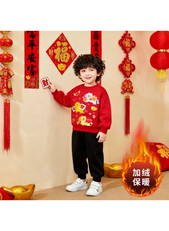 Chinese-style New Year Outfit For Children In The Year Of The Horse, Festive Winter Set With Fleece, Stylish Cartoon Two-piece Set