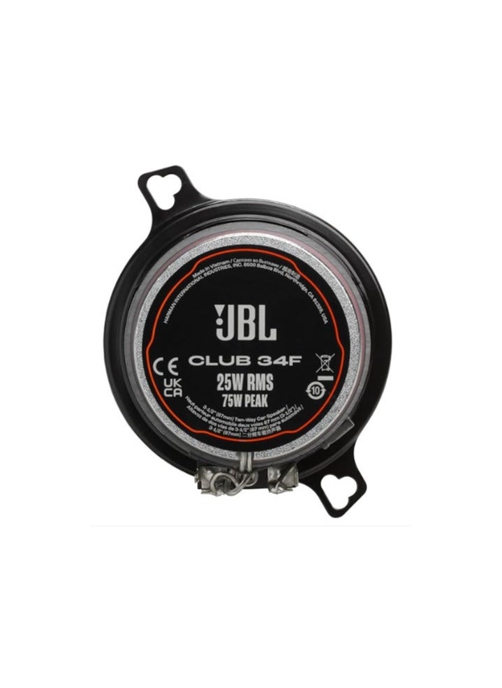 جي بي إل - JBL Club 34F - 3-1/2 بوصة (87 ملم) مكبر صوت للسيارة ثنائي الاتجاه، 75 واط الذروة، 25 واط RMS، الحساسية (@ 2.83 فولت): 89 ديسيبل، استجابة التردد: 90 هرتز - 20 كيلو هرتز، المعاوقة الاسمية: 3.0 أوم - Image 1