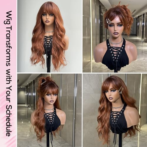 topshe Ombre Auburn Wig with Bangs Long Curly Wigs for Women Heat Resistant Synthetic Colored Wigs Natural Looking Wavy Hair 26 Inch Daily Party Cosplay Use - Image 3
