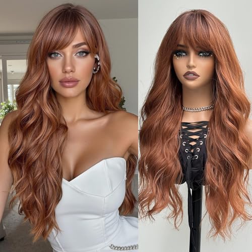 topshe Ombre Auburn Wig with Bangs Long Curly Wigs for Women Heat Resistant Synthetic Colored Wigs Natural Looking Wavy Hair 26 Inch Daily Party Cosplay Use - Image 1