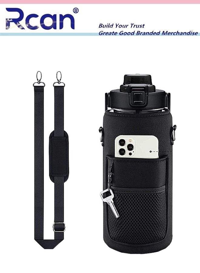 Rcan Portable Plastic Water Bottle with Straw and Handle Lid Large Capacity Water Cup with Time Marker Crossbody Carrier Strap Insulated Cloth Cup Bag Reusable Sports Drinking Bottle for Men and Women - Image 1