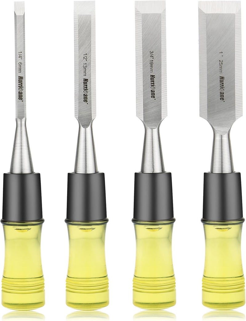 Hurricane مجموعة أدوات نحت الخشب 4 قطع. شفرات حواف مائلة من فولاذ CR-V مع أغطية أمان. مقبض PVC عالي التأثير ومتين، للنحت الدقيق ومشاريع DIY (1/4"، 1/2"، 3/4"، 1") - Image 1