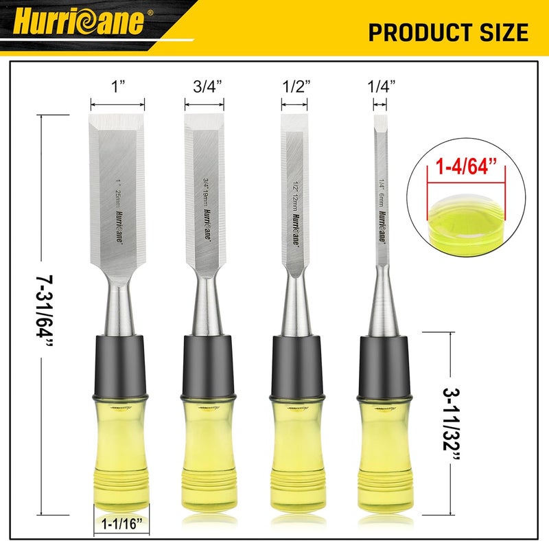 Hurricane مجموعة أدوات نحت الخشب 4 قطع. شفرات حواف مائلة من فولاذ CR-V مع أغطية أمان. مقبض PVC عالي التأثير ومتين، للنحت الدقيق ومشاريع DIY (1/4"، 1/2"، 3/4"، 1") - Image 2