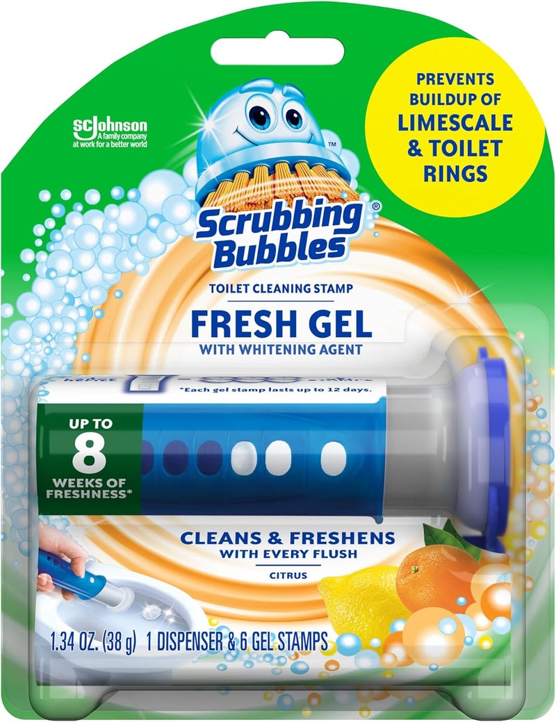 Scrubbing Bubbles Fresh Gel Toilet Bowl Cleaning Stamps Starter Pack, Clean and Prevent Limescale and Toilet Rings, Citrus Scent, 1 Dispenser with 6 Stamps, 1.34 Oz Sand resistant - Image 1