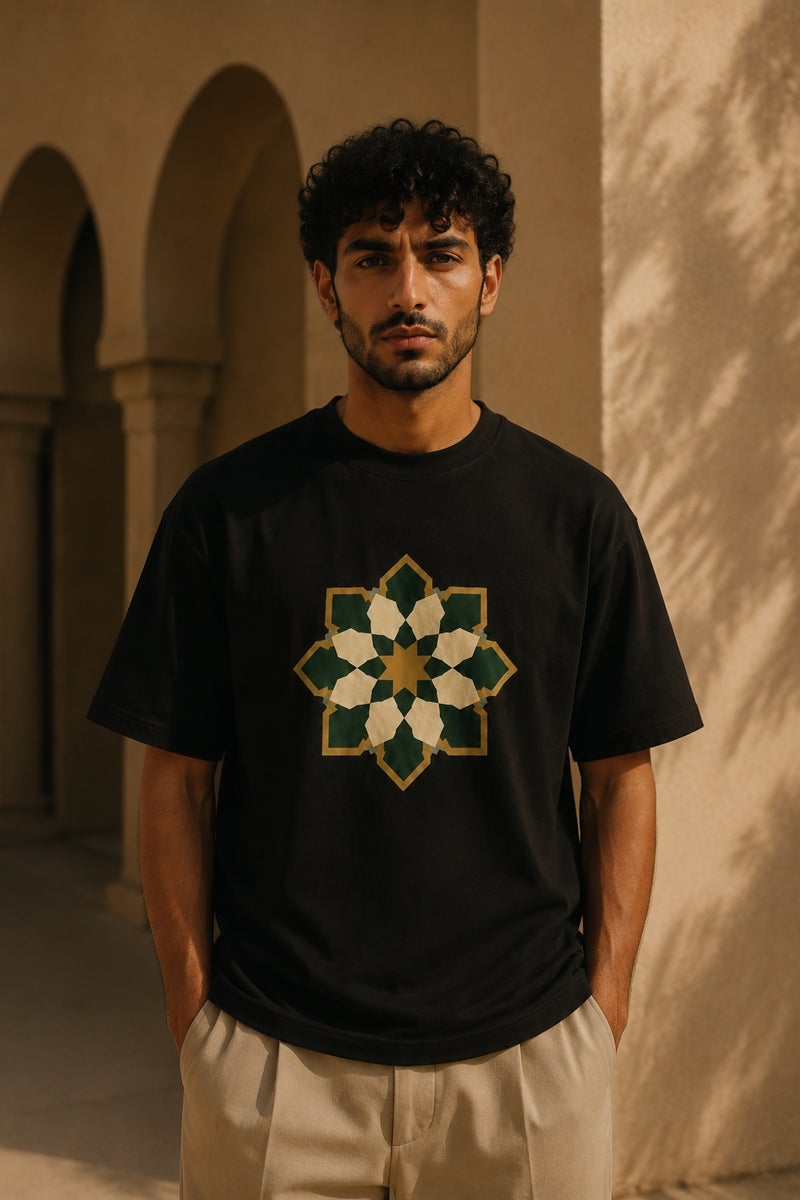 Men's Black Geometric Arabesque Graphic T-Shirt Oversized Casual Short Sleeve Crew Neck Streetwear Tee - Image 2