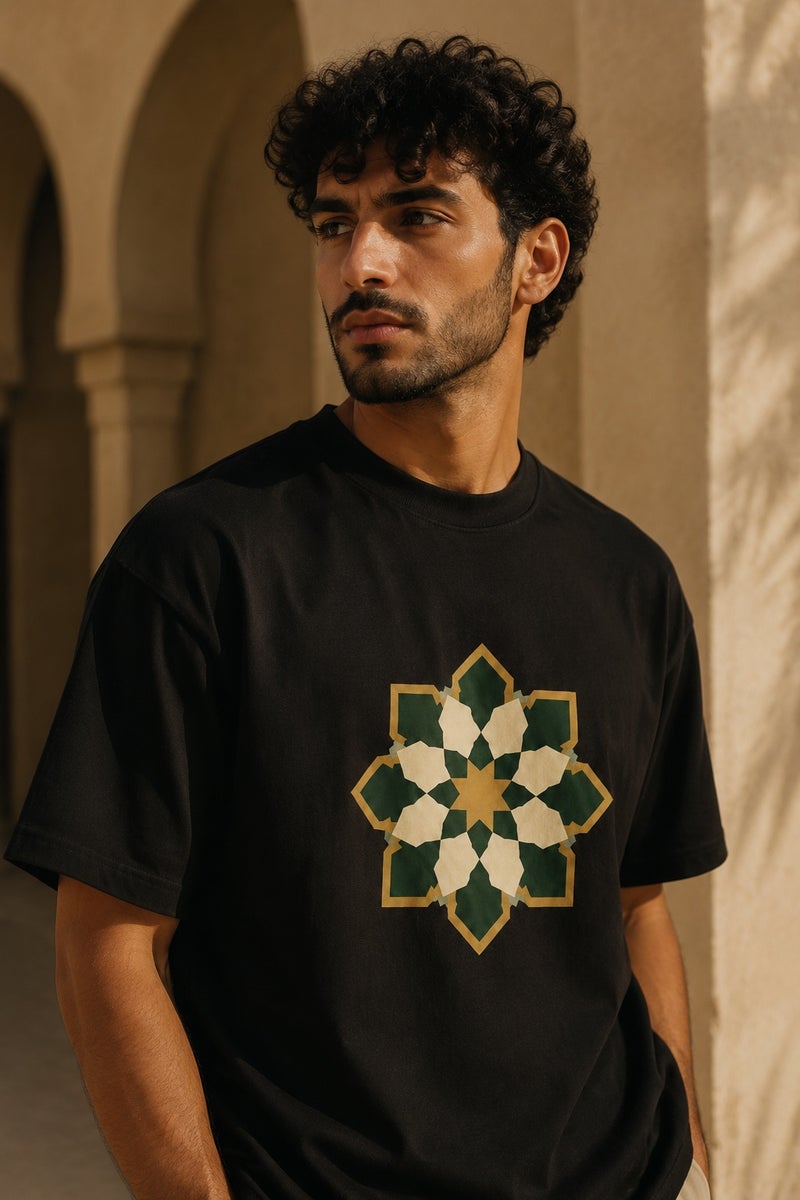 Men's Black Geometric Arabesque Graphic T-Shirt Oversized Casual Short Sleeve Crew Neck Streetwear Tee - Image 1