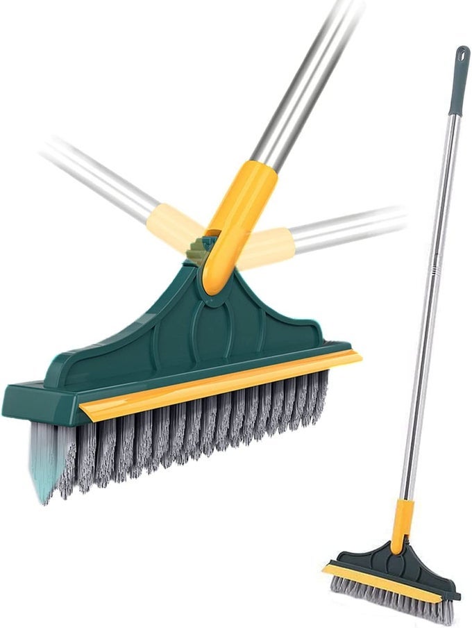 2 IN1 FLOOR BRUSH SCRUBBER BRUSH WITH LONG HANDLE GROUT BRUSH SCRAPE SHOWER KITCHEN CREVICE CLEANING BRUSH DEGREE ROTATING HEAD WITH SQUEEGEE FOR CLEANING BATHROOM PATIO WALL DECK TUB TILE