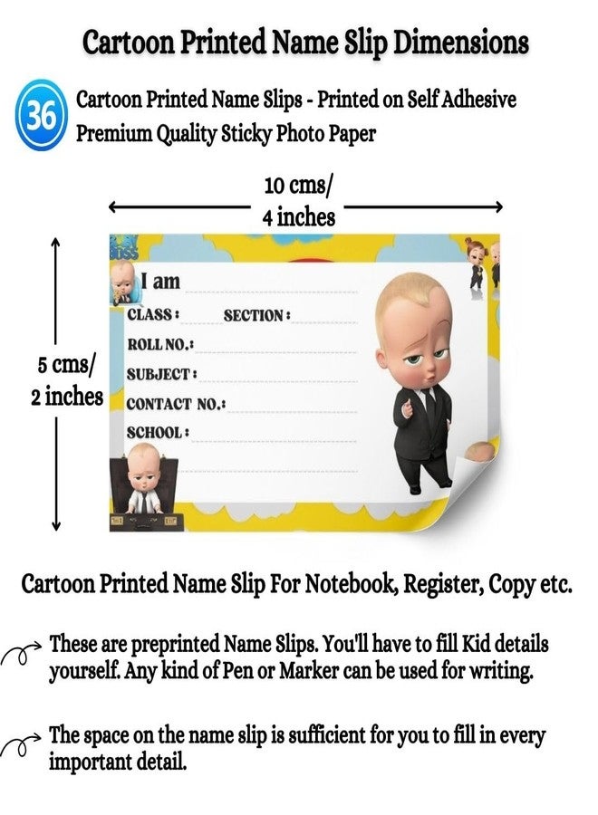 AanyaCentric 36 Pieces Cartoon Printed Name Slip for Kids | 4 x 2 inch | Self Fill in Sticky School Labels for Book Register Copy - Image 3