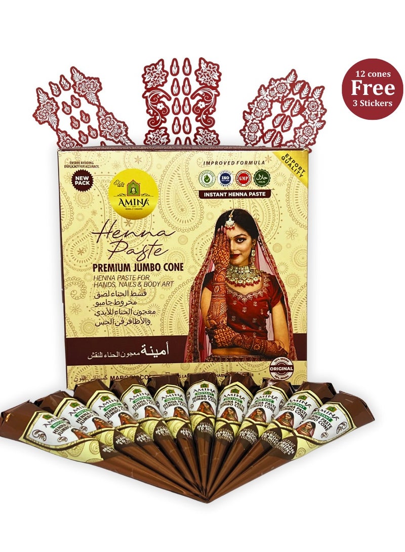 أمينا حناء أمينة سريعة التحضير، مخروط الحناء | مع مجموعة مجانية من 3 ملصقات/استنسلات كاملة لليدين | بدون مواد كيميائية | يدوم طويلاً | عبوة من 12 قطعة، وزن كل منها 45 غرامًا | لون كستنائي غامق - Image 1