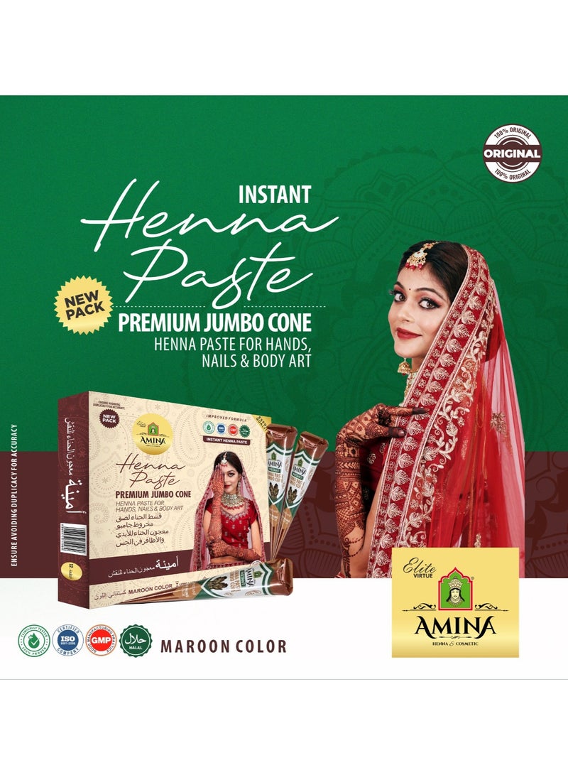 أمينا حناء أمينة سريعة التحضير، مخروط الحناء | مع مجموعة مجانية من 3 ملصقات/استنسلات كاملة لليدين | بدون مواد كيميائية | يدوم طويلاً | عبوة من 12 قطعة، وزن كل منها 45 غرامًا | لون كستنائي غامق - Image 4