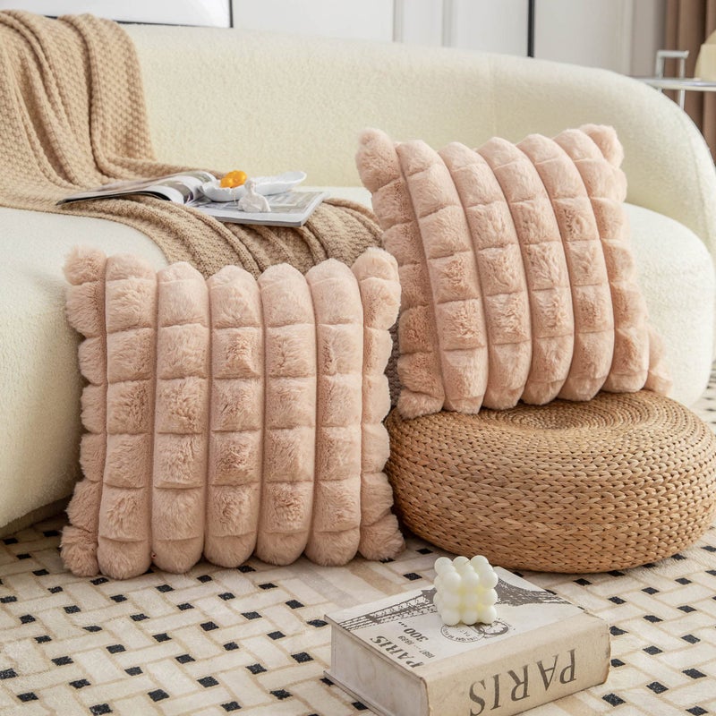 Neelvin Camel Faux Fur Cozy Soft Plaid Decorative Throw Pillow Covers 16x16 inch Set of 2 Velvet Pillowcase Cushion Case for Sofa Couch - Image 3