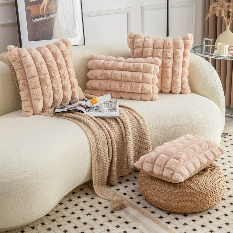 Neelvin Camel Faux Fur Cozy Soft Plaid Decorative Throw Pillow Covers 16x16 inch Set of 2 Velvet Pillowcase Cushion Case for Sofa Couch - Image 4