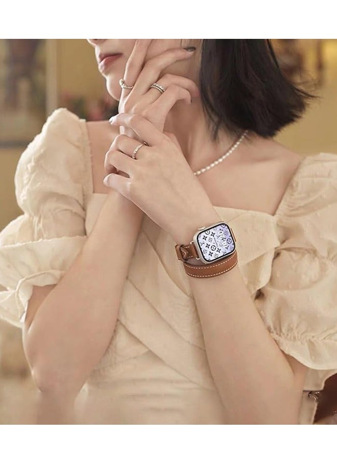 اليشمك سوار ساعة جلدي متوافق مع سلسلة ساعات Apple Watch 38 مم 40 مم 41 مم 42 مم للنساء، حزام بديل نحيف من الجلد الأصلي بتصميم مزدوج لسلسلة iWatch Series10 9 8 7 6 SE، بني - Image 2