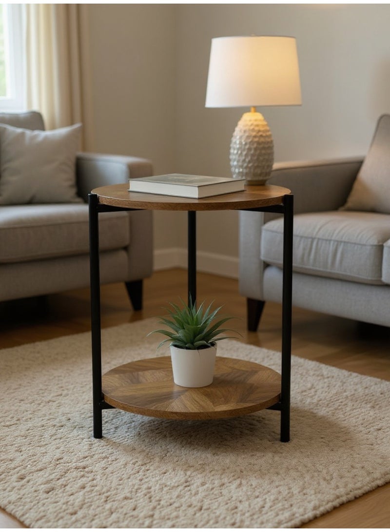 Living Two-Tier Round Wooden Side Table with Triple Metal Legs - Image 1