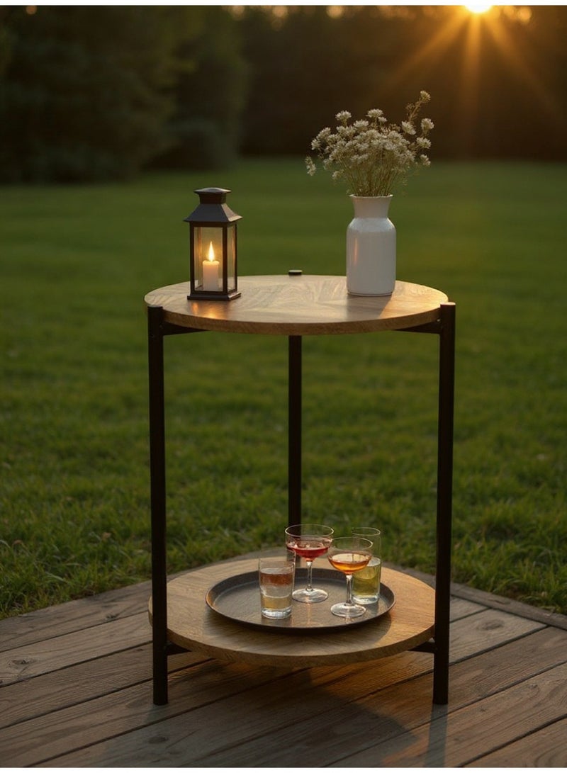 Living Two-Tier Round Wooden Side Table with Triple Metal Legs - Image 2