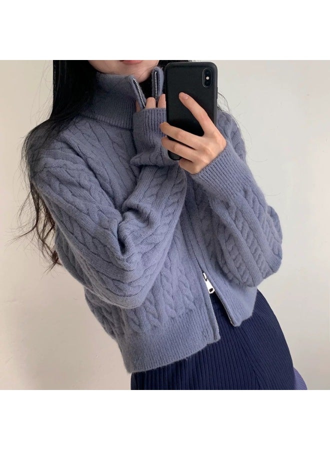 Leyuan Autumn Winter Cable Knit Long Sleeve Double Zipper High Neck Cardigan Top Outerwear Loose Lazy Fit Women's Sweater - Image 1