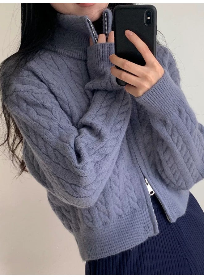 Leyuan Autumn Winter Cable Knit Long Sleeve Double Zipper High Neck Cardigan Top Outerwear Loose Lazy Fit Women's Sweater - Image 4