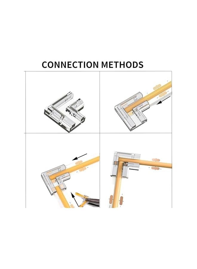 erorex 10mm 2Pin 30Pcs Press-in Assembly COB LED Strip Connector Corner Kit,14pcs Clear Connectorss,6pcs L-Shape Corner Connectors,10pcs Red and black 22 AWG wire,for 5V 12V 24V LED Strip - Image 3