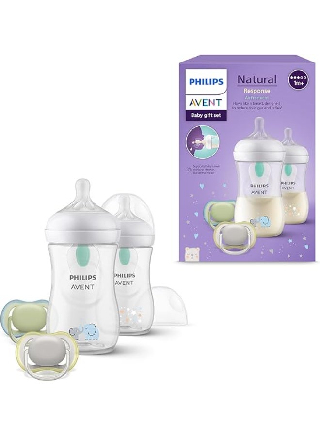 Philips Avent Natural Response Baby Bottle Set: 2 x Anti-Colic Bottles 260 ml with T3 Teats (1 Months+), 2 Ultra Air Soothers (Model SCD657/12)