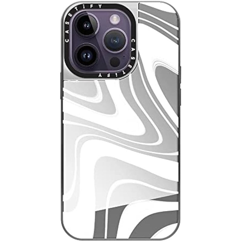 Casetify Mirror Case for iPhone 14 Pro Compatible with Magsafe - Frosted Swirls - Silver on Silver - Image 1