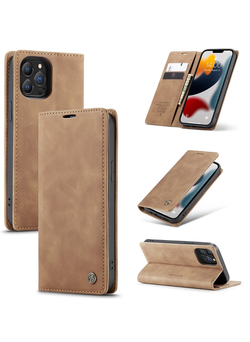 CaseMe - CaseMe iPhone 13 Pro Max Case Wallet, for iPhone 13 Pro Max Wallet Case Book Folding Flip Folio Case with Magnetic Kickstand Card Slots Protective Cover for iPhone 13 Pro Max, Brown - Image 1