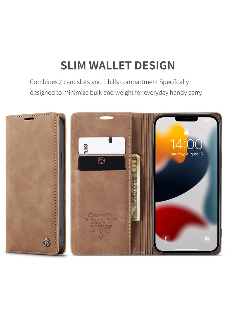 CaseMe - CaseMe iPhone 13 Pro Max Case Wallet, for iPhone 13 Pro Max Wallet Case Book Folding Flip Folio Case with Magnetic Kickstand Card Slots Protective Cover for iPhone 13 Pro Max, Brown - Image 1