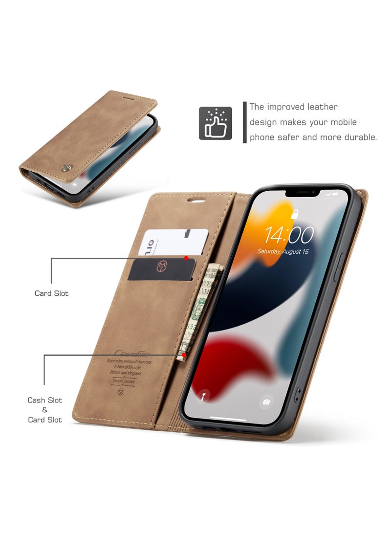 CaseMe - CaseMe iPhone 13 Pro Max Case Wallet, for iPhone 13 Pro Max Wallet Case Book Folding Flip Folio Case with Magnetic Kickstand Card Slots Protective Cover for iPhone 13 Pro Max, Brown - Image 1