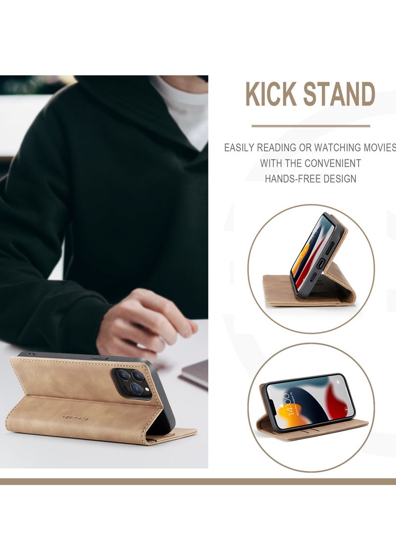 CaseMe - CaseMe iPhone 13 Pro Max Case Wallet, for iPhone 13 Pro Max Wallet Case Book Folding Flip Folio Case with Magnetic Kickstand Card Slots Protective Cover for iPhone 13 Pro Max, Brown - Image 1