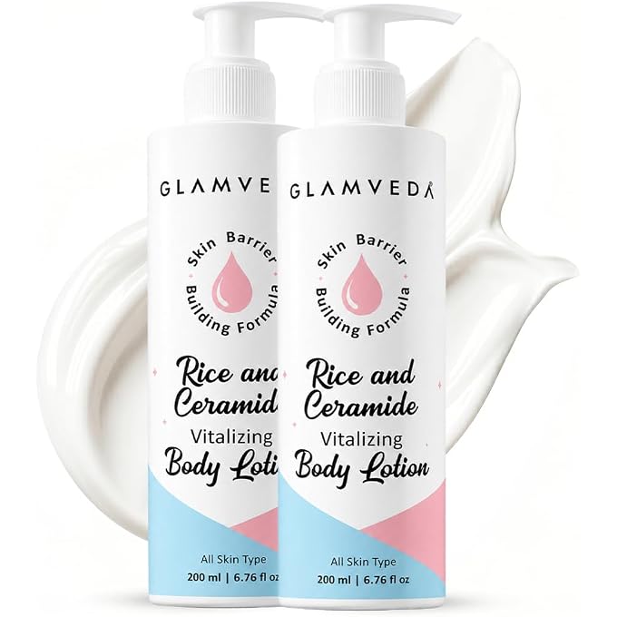 Glamveda Rice & Ceramide Glass Skin Body Lotion Moisturizer 200ml Pack of 2 | 24Hr Hydrating Deep Nourishment Moisture for Dry Skin | Non Greasy, Lightweight | For Glowing, Soft, Radiant & Repair Skin - Image 1
