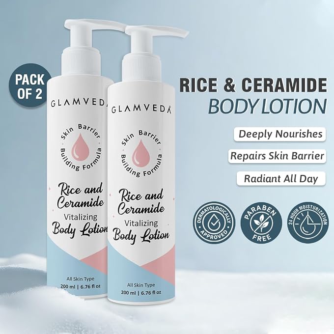 Glamveda Rice & Ceramide Glass Skin Body Lotion Moisturizer 200ml Pack of 2 | 24Hr Hydrating Deep Nourishment Moisture for Dry Skin | Non Greasy, Lightweight | For Glowing, Soft, Radiant & Repair Skin - Image 2