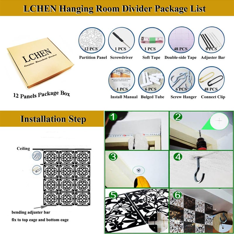 Lchen فاصل الغرفة المعلق من Lchen، 12 قطعة من لوحات الشاشة الصلبة البيضاء لتزيين المنزل وتفريق الغرف (لوحة بيضاء، 15.7"x15.7"x0.03)  - Image 5