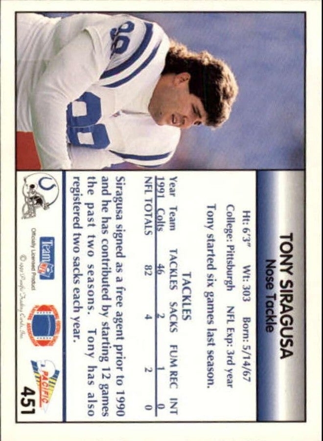 PACIFIC 1992 Pacific #451 Tony Siragusa - Image 2