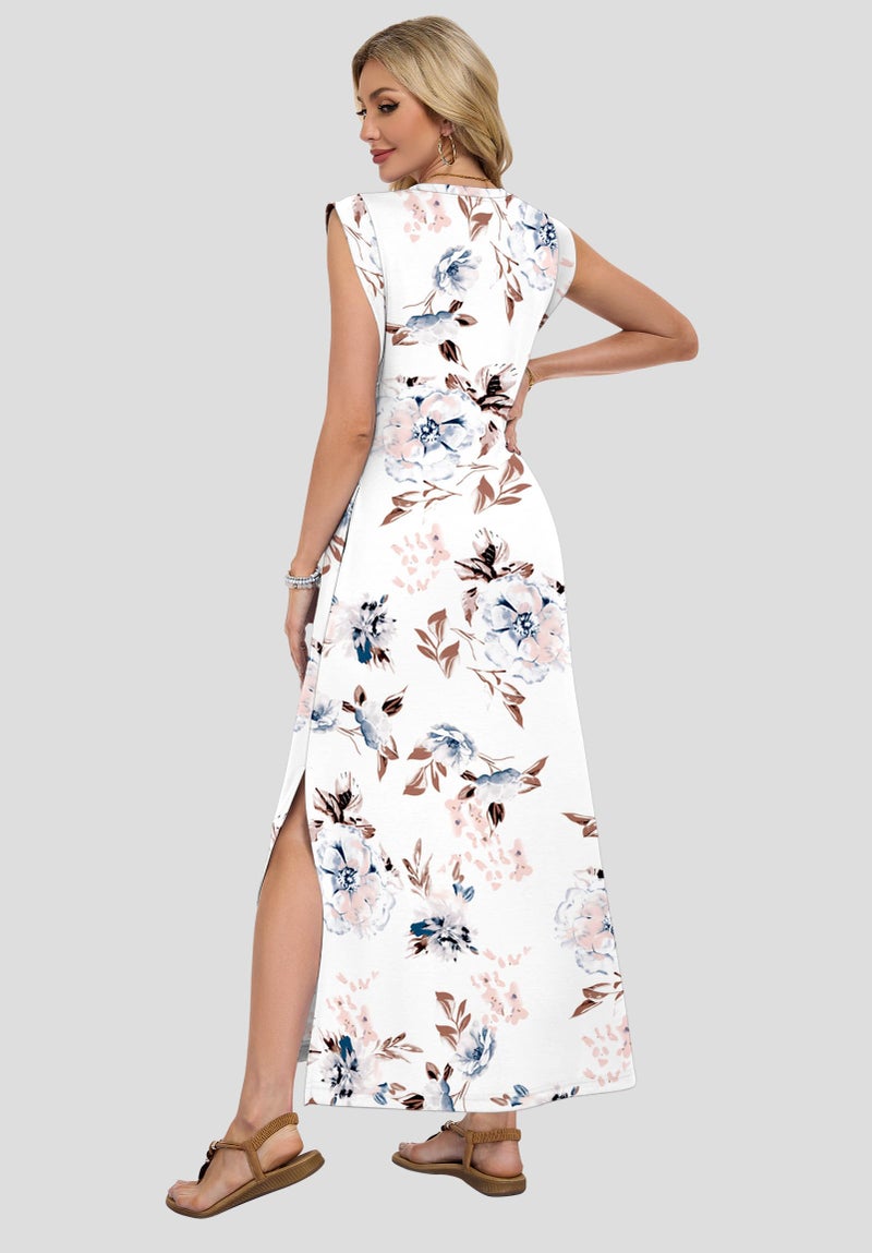AUSELILY Sundresses for Women Wrinkle Free Casual Travel V Neck Split Sleeveless Loose Long Maxi Dress with Pockets 2026 Floral White L - Image 2