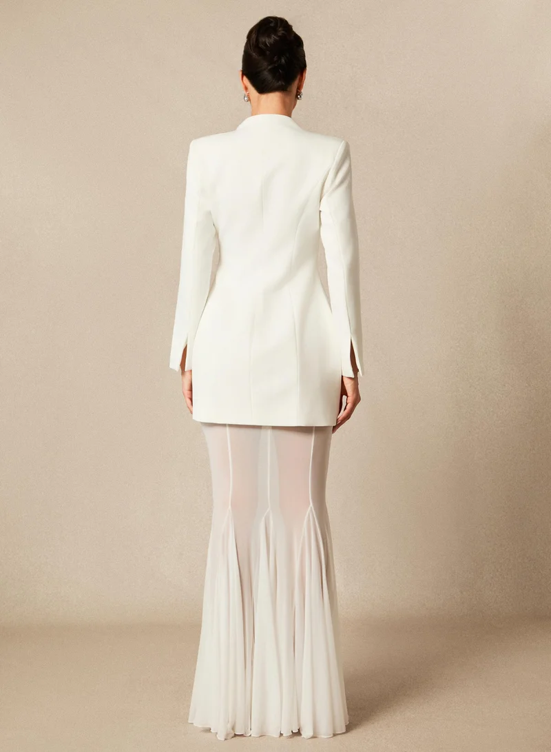 Sunfere White Myra Asymmetric Tailored Blazer & Sheer Mesh Skirt Set for Women | Best Price UAE