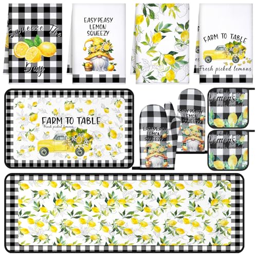 Fourluoo 10 Pcs Lemon Kitchen Decor Set Dish Towels Kitchen Rugs Oven Mitts and Pot Holders for Cooking Baking Grilling Women Mom Gift - Image 1