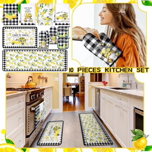 Fourluoo 10 Pcs Lemon Kitchen Decor Set Dish Towels Kitchen Rugs Oven Mitts and Pot Holders for Cooking Baking Grilling Women Mom Gift - Image 3