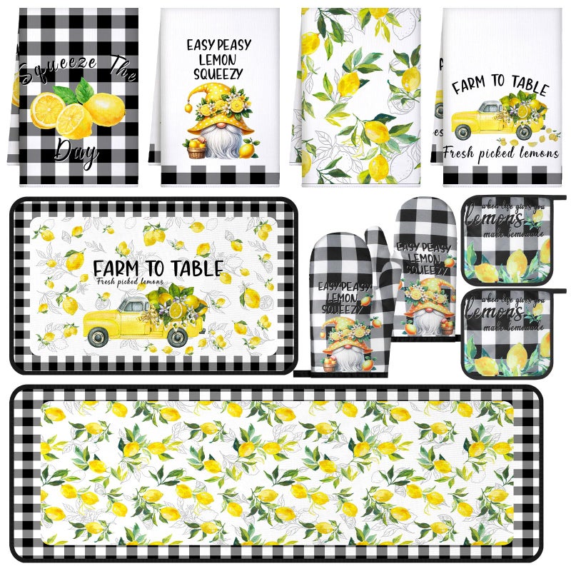 Fourluoo 10 Pcs Lemon Kitchen Decor Set Dish Towels Kitchen Rugs Oven Mitts and Pot Holders for Cooking Baking Grilling Women Mom Gift - Image 2