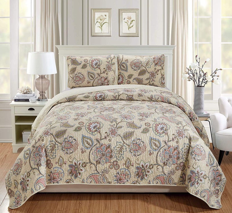 Home Collection 2pc Twin/Twin XL Bedspread Quilt Set Floral Beige Pink Blue Taupe Green Flowers Leaves Over Size New - Image 1