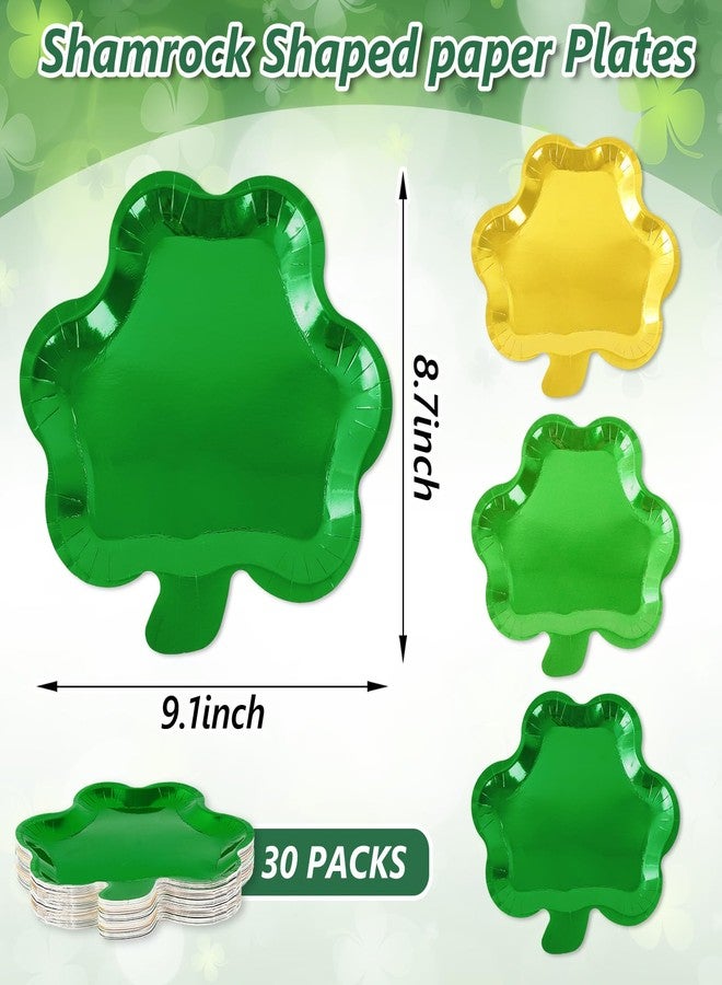 Whaline 30Pcs St. Patrick's Day Paper Plate Metallic Foil Shamrock Disposable Plate Gold Green Clover Dinnerware Plate for Irish Party Supplies Table Decor, 9 x 8.7 In - Image 2