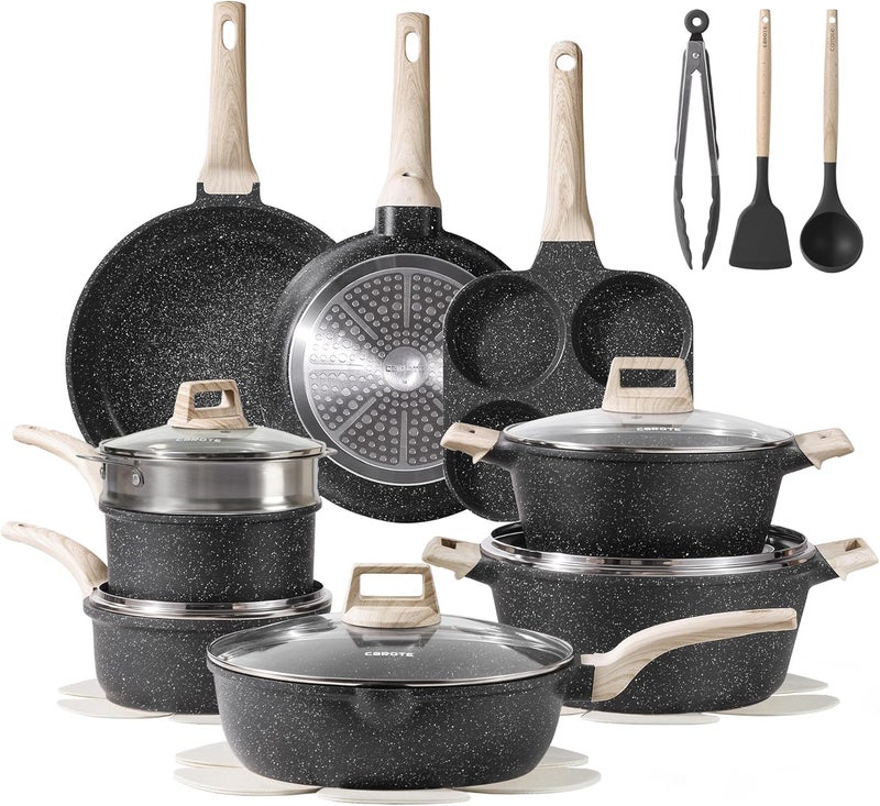 CAROTE Pots and Pans Set Nonstick, 21pcs Cookware Set Black Granite Induction Kitchen Cooking Set w/Frying Pans & Saucepans - Image 1