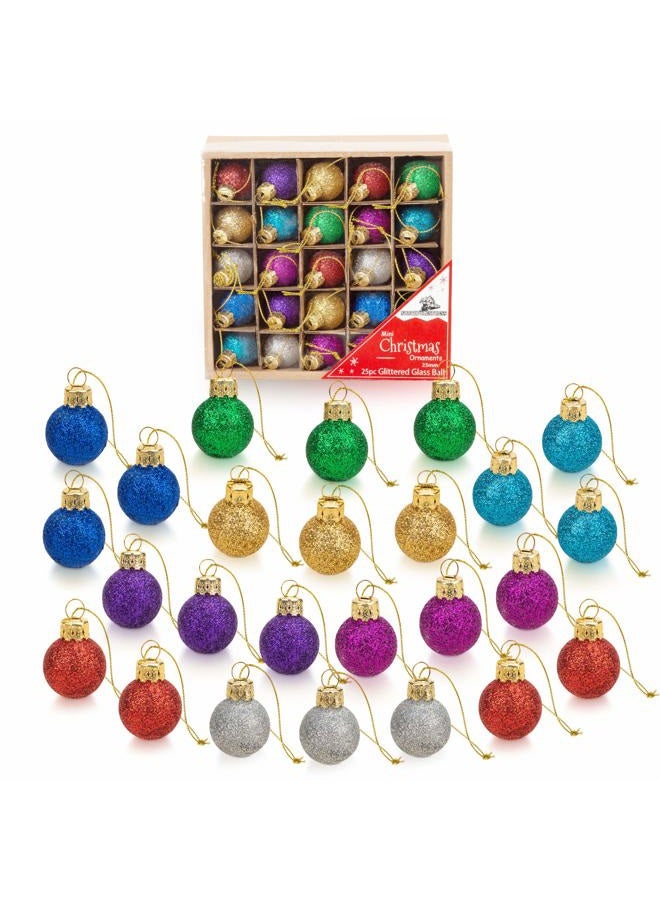 NorthPoleXpress 1 Inch Multicolor Mini Glitter Glass Ball Christmas Ornaments Set of 25 Balls | Miniature Christmas Tree Ornaments | Rustic Christmas Decorations | Mini Christmas Tree Decorations for Small Trees - Image 1