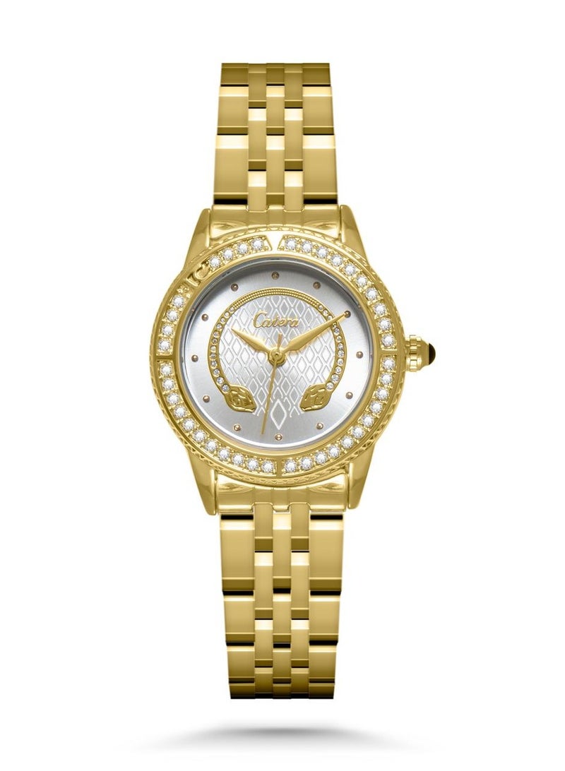 Catera This women's watch is made of stainless steel with a contemporary and modern design. It is an innovative watch for sophistication in dressing, and this delicately designed part makes it look very attractive and ideal to be the perfect choice for comfort in a modern style. Moreover, it is special and unique, since it has various details and distinctive packaging.
