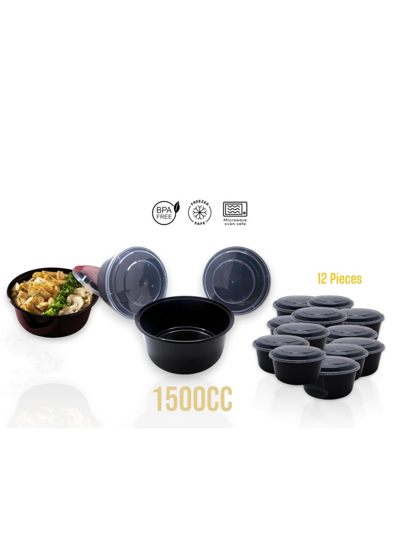 Teb Plastic TebPlastic Round Meal Prep Containers with Lids, 12-Piece Set, 1500cc, BPA-Free, Microwave & Freezer Safe, Black Round Food Storage Containers with Clear Lids, Reusable, Leak-Proof, Dishwasher Safe, Durable - Image 1