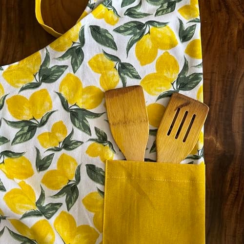 Oak & Lily 100% Cotton Chef Apron | Unisex | Large Front Pocket | Free Size | Machine Washable | European Quality | For Cooking, Baking & BBQ | Yellow Floral - Image 2