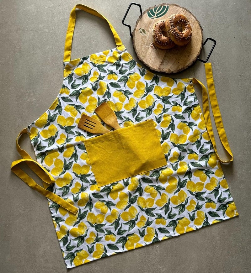 Oak & Lily 100% Cotton Chef Apron | Unisex | Large Front Pocket | Free Size | Machine Washable | European Quality | For Cooking, Baking & BBQ | Yellow Floral - Image 5