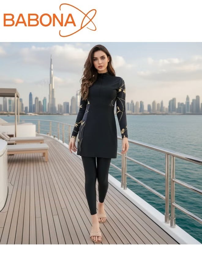 بابونا طقم سباحة نسائي محتشم من قطعتين، بنقشة زهور إسلامية، يحمي من الشمس، يتكون من تنورة بيكيني، فستان عربي، ملابس شاطئ، فستان سباحة بأكمام طويلة وبنطال طويل، أسود/ذهبي - Image 1