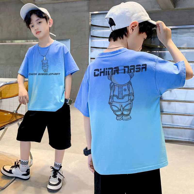 Boys' Summer Short-Sleeved Western-Style Big Kids Fried Street Korean-Style Gradient Summer Children'S T-Shirt Top Trendy - Image 5