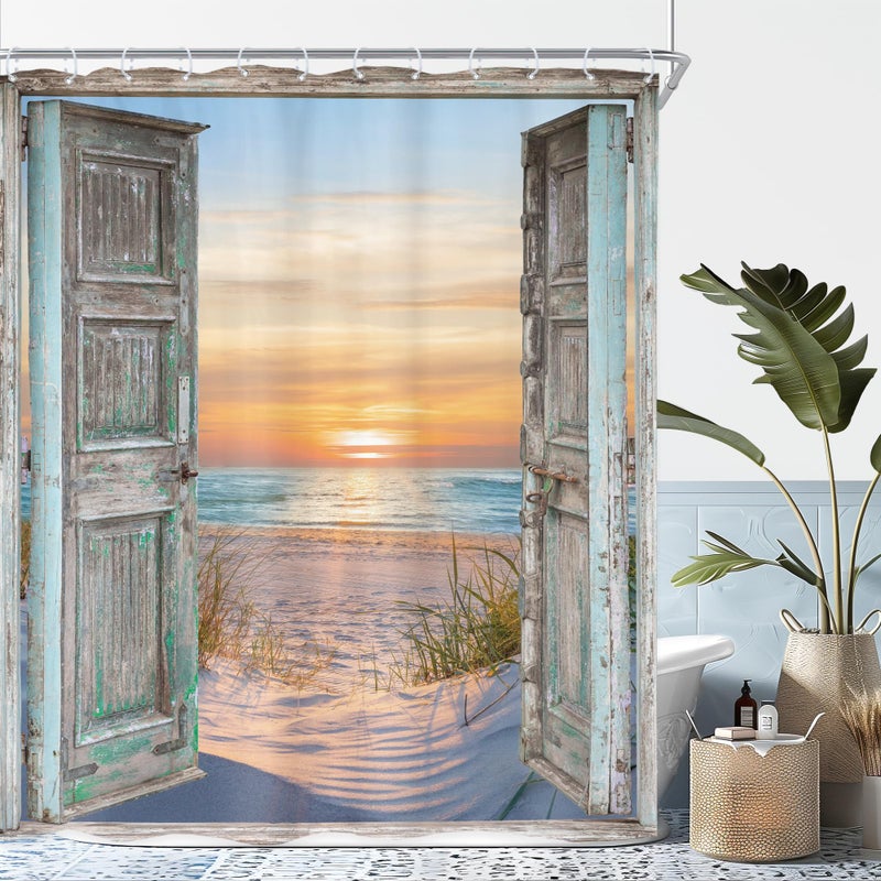 Riyidecor Beach Barn Door Shower Curtain 60Wx72H Inch Blue Ocean Beachy Nautical Coastal Seaside Sea Hawaiian Sunset Landscape Farmhouse Wood Bathroom Decor Fabric Polyester Waterproof 12 Pack Hooks - Image 1