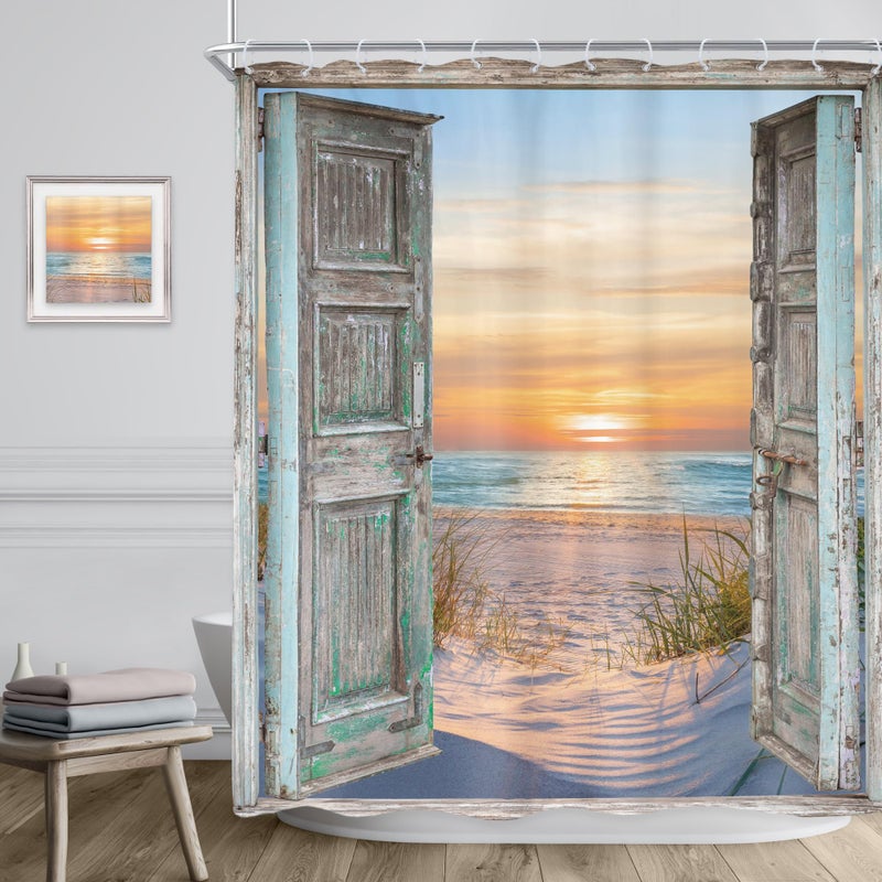 Riyidecor Beach Barn Door Shower Curtain 60Wx72H Inch Blue Ocean Beachy Nautical Coastal Seaside Sea Hawaiian Sunset Landscape Farmhouse Wood Bathroom Decor Fabric Polyester Waterproof 12 Pack Hooks - Image 3